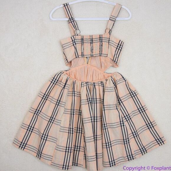 NEW Free People Bridget Mini Dress plaid, smocked split open back, S - Picture 6 of 16